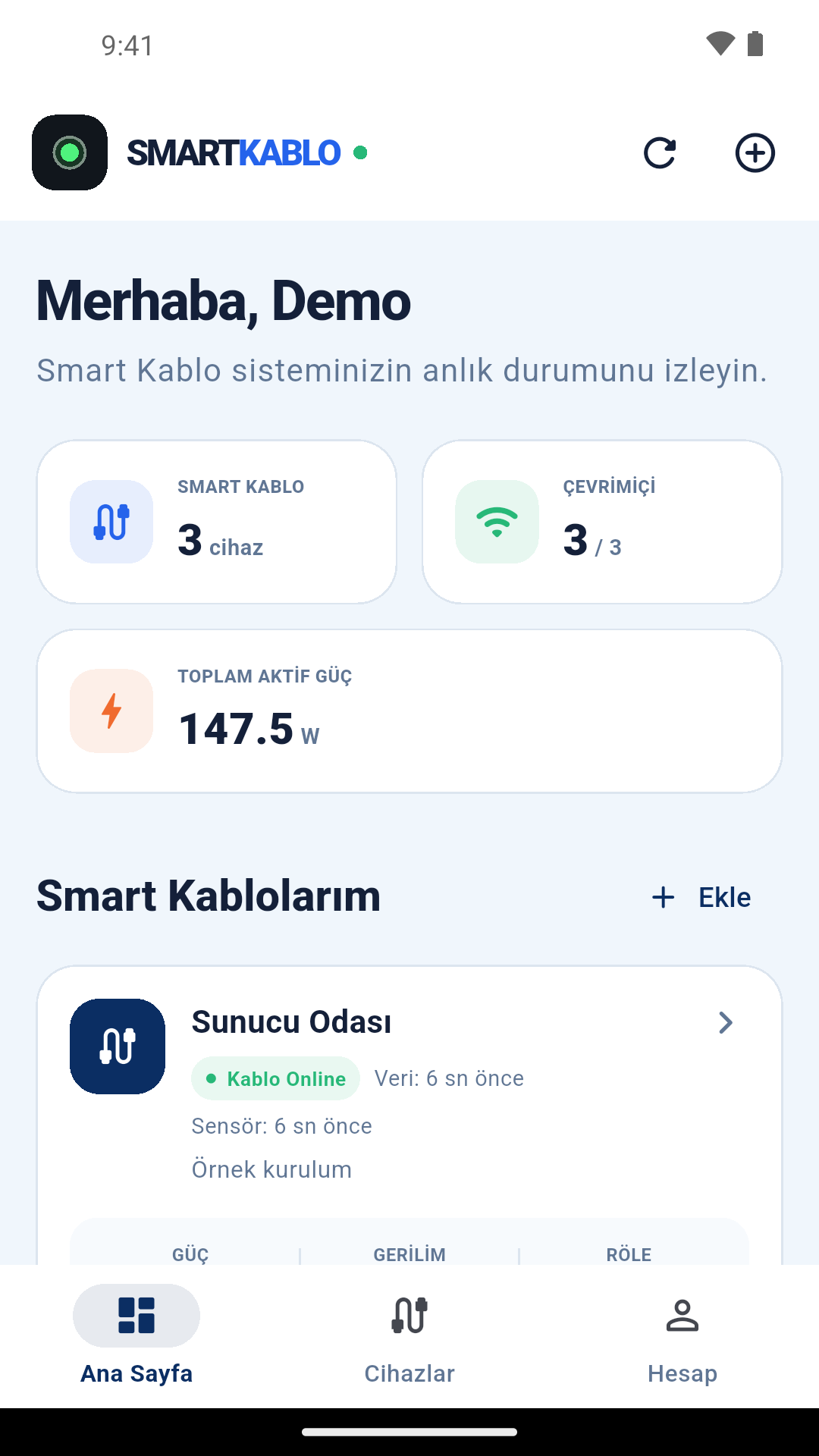 Smart Kablo Android uygulamasında ana sayfa ve örnek güç özeti