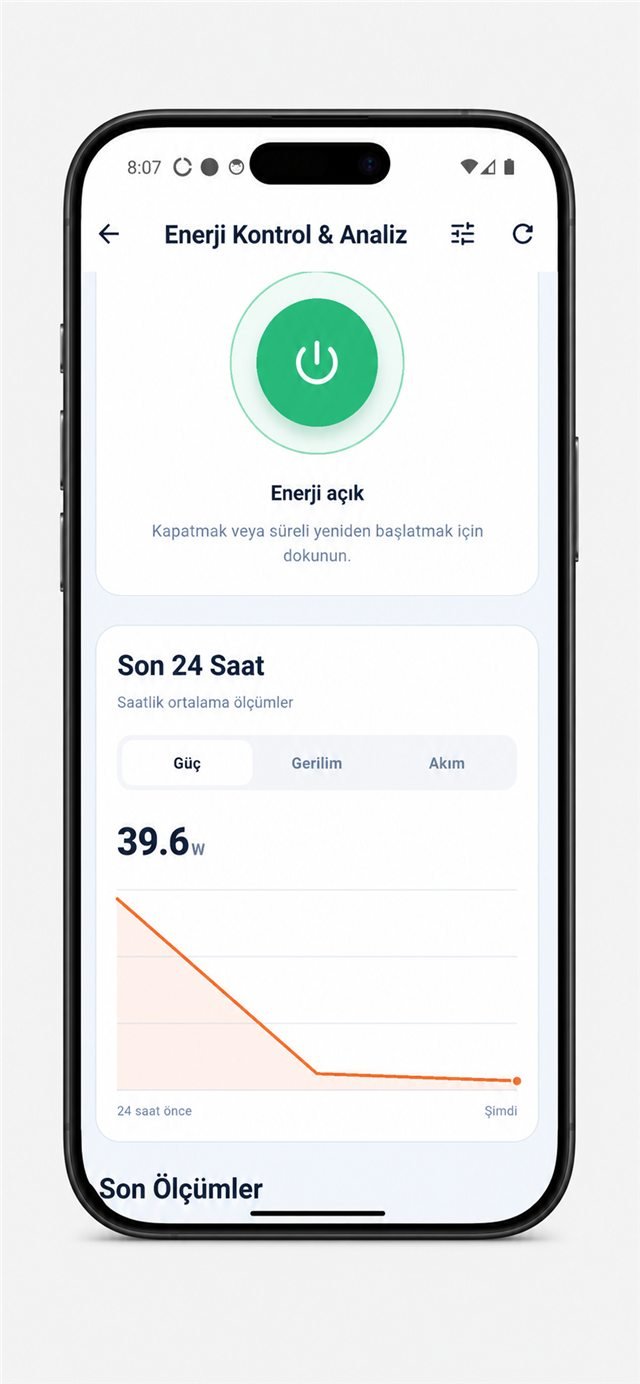 Smart Kablo uygulamasında son 24 saate ait güç, gerilim ve akım enerji izleme grafiği