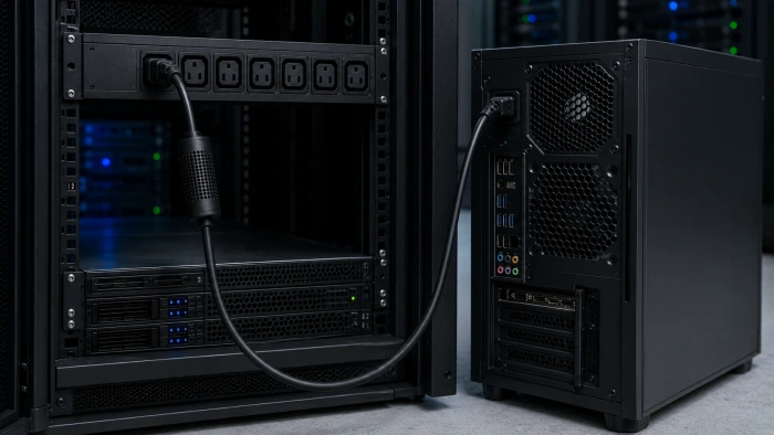 Rack PDU ile ATX bilgisayar arasında kullanılan Smart Kablo C14–C13 bağlantısı
