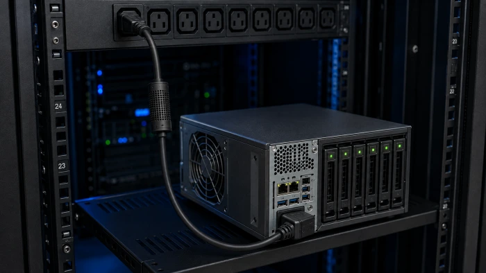 Rack PDU ile NAS depolama cihazı arasında kullanılan Smart Kablo C14–C13 bağlantısı