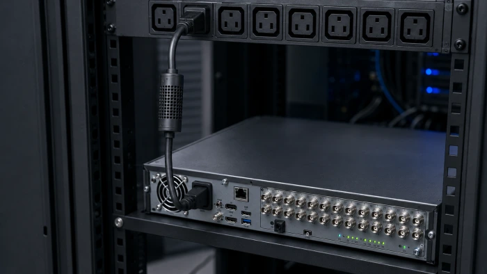 Rack PDU ile NVR kayıt cihazı arasında kullanılan Smart Kablo C14–C13 bağlantısı