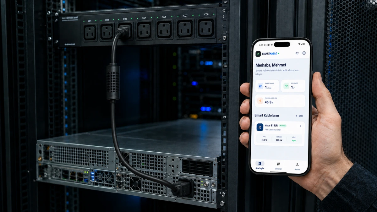 Sunucu kabininde rack PDU ile sunucu arasında kullanılan Smart Kablo enerji ölçüm ve uzaktan güç kontrol çözümü