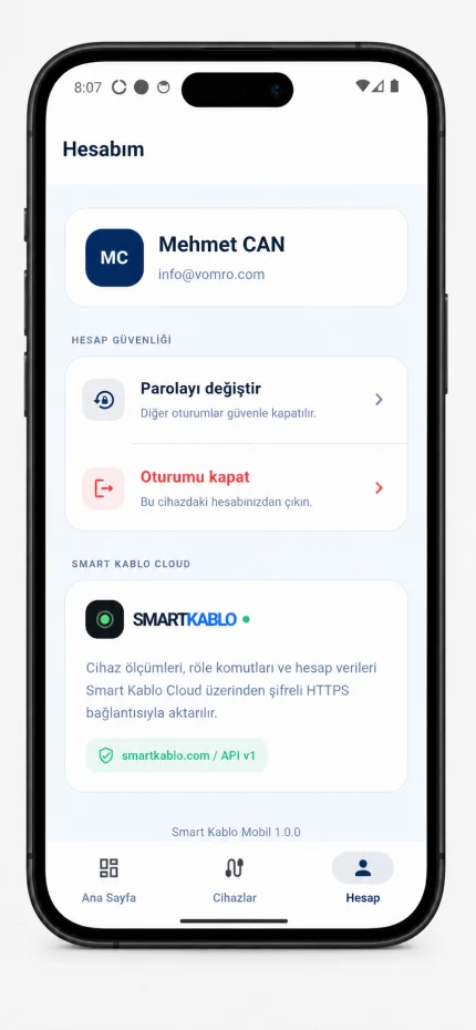 Smart Kablo mobil uygulaması hesap ve güvenlik ekranı